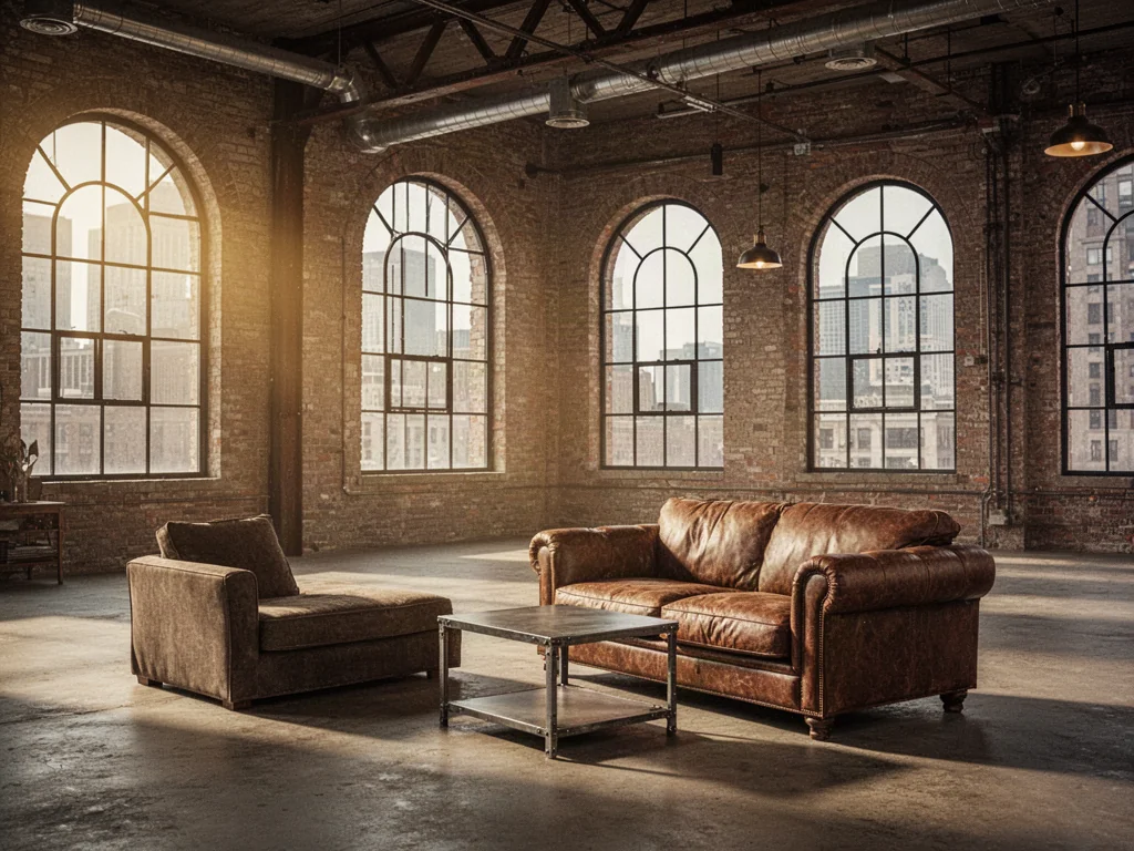 Przestronny loft z ceglaną ścianą, metalowym stolikiem i skórzaną sofą, utrzymany w surowym, industrialnym stylu.