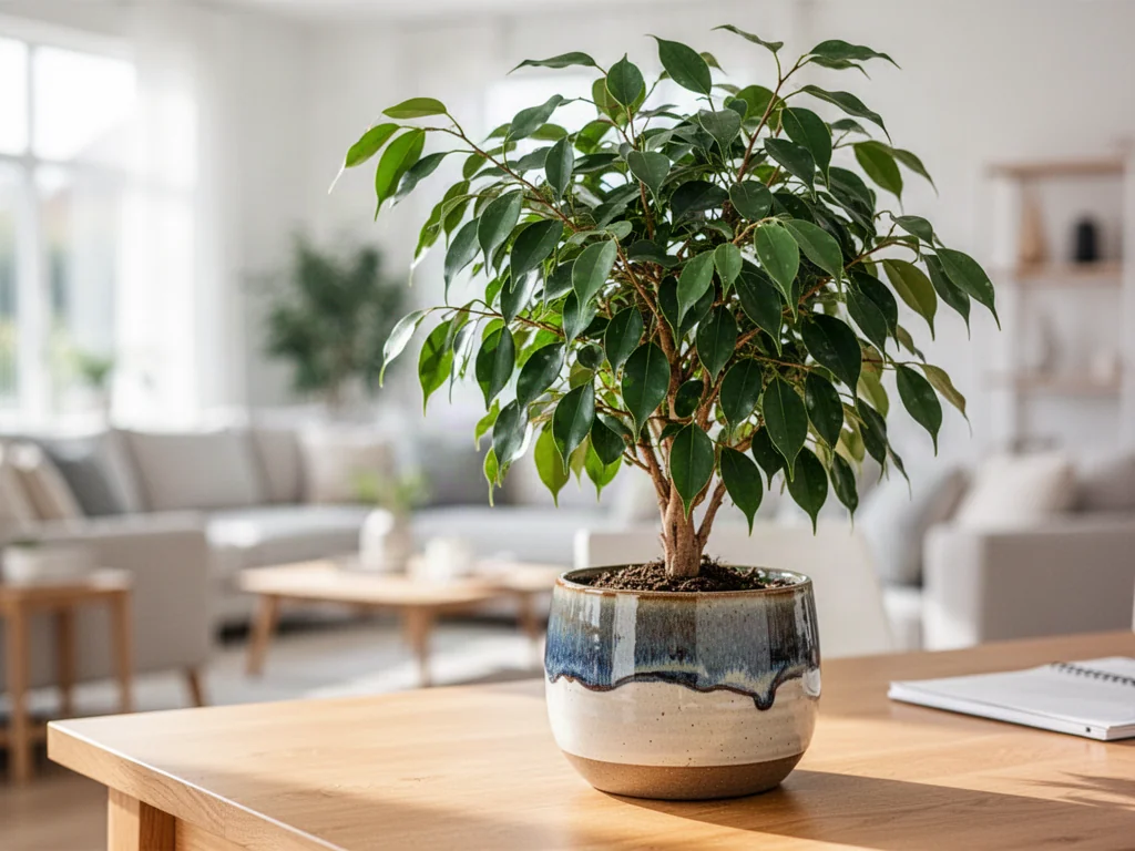 Zdrowy okaz Ficus benjamina Natasja w ceramicznej doniczce, ustawiony na drewnianym biurku w jasnym, nowoczesnym wnętrzu.