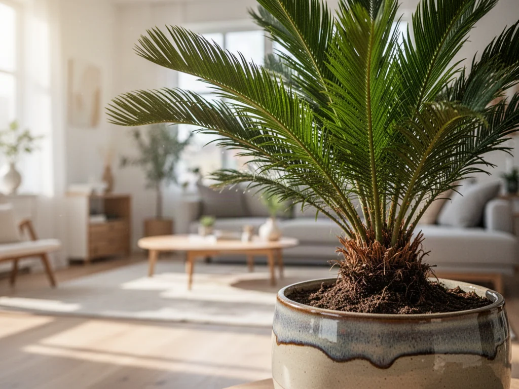 Zdrowy okaz sagowca (Cycas revoluta) w ceramicznej donicy, ustawiony w jasnym, minimalistycznym salonie.